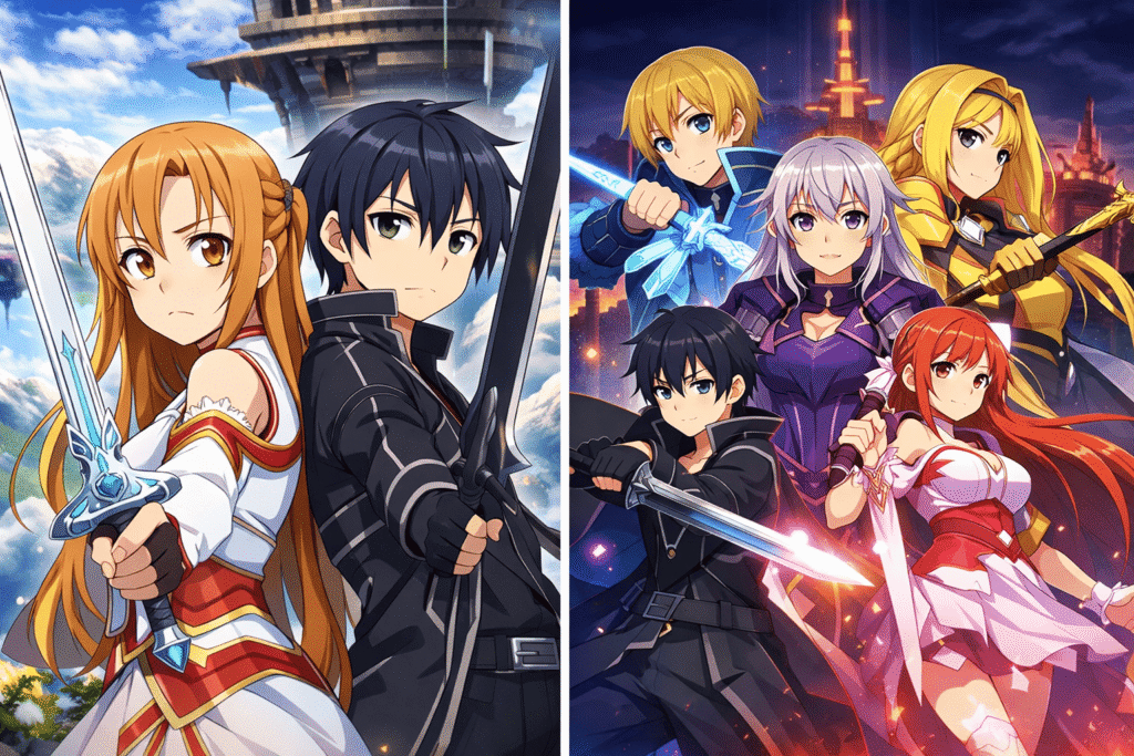 Asuna and Kirito, together with the Sword Art Online Gang.